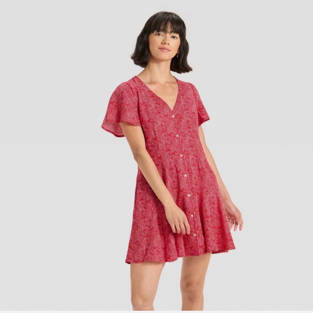 Universal Thread Red Printed V-Neck Mini Dress NWT - image 1